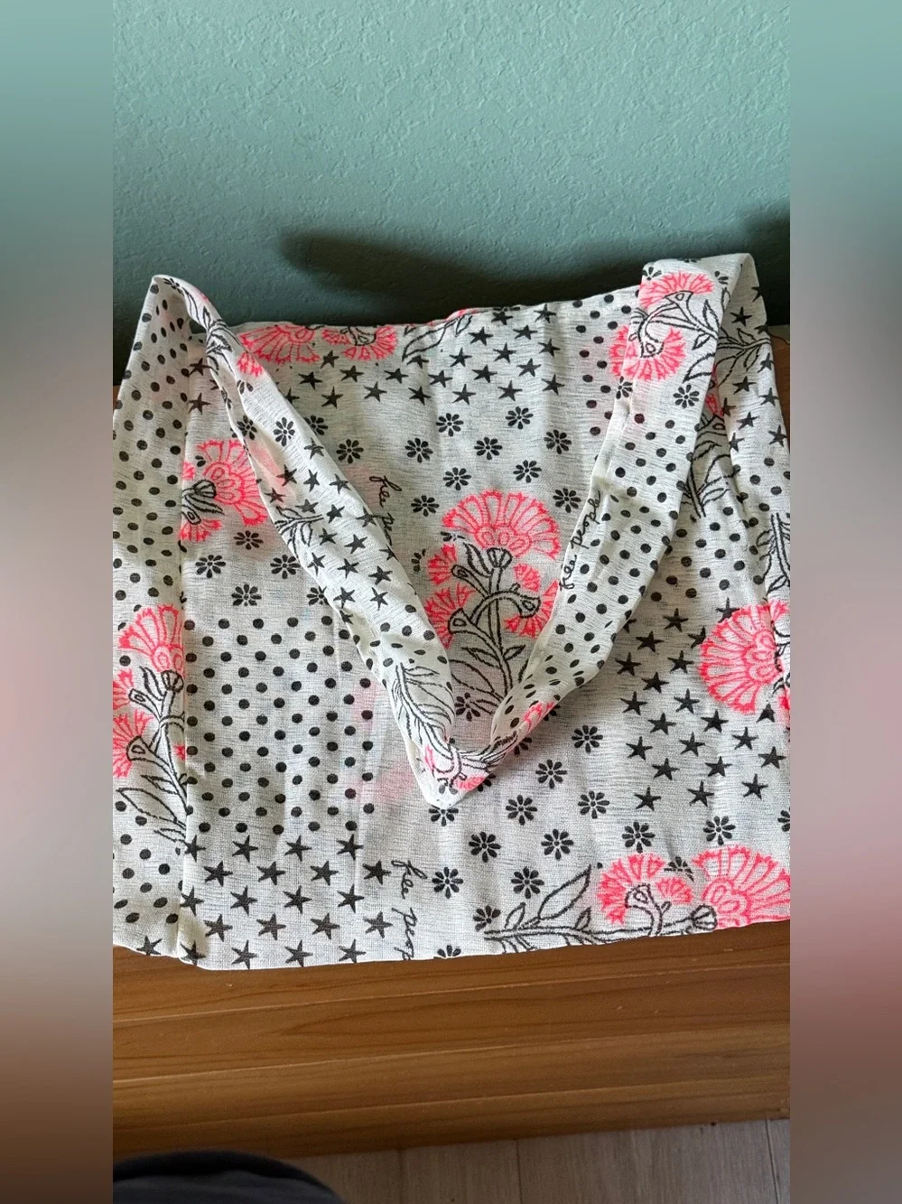Free People Cotton Tote Bag 15x15 Ivory Black Pink Floral Print 31” Strap
